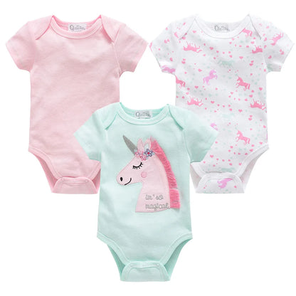 3-Piece Baby Girls’ Cotton Bodysuit Set – Short Sleeve, Newborn 0 to 12 Months