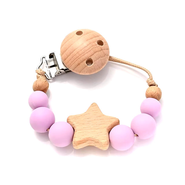 Baby Pacifier Chain with Wood Pentagram & Silicone Round Beads – Teething Toy