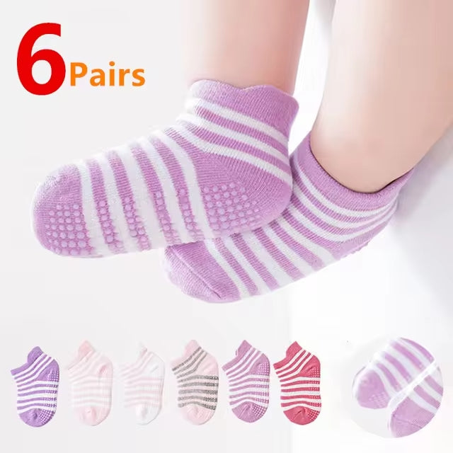 Non-Slip Cotton Socks for Babies & Toddlers – 6 Pairs with Grips for Safe Playtime